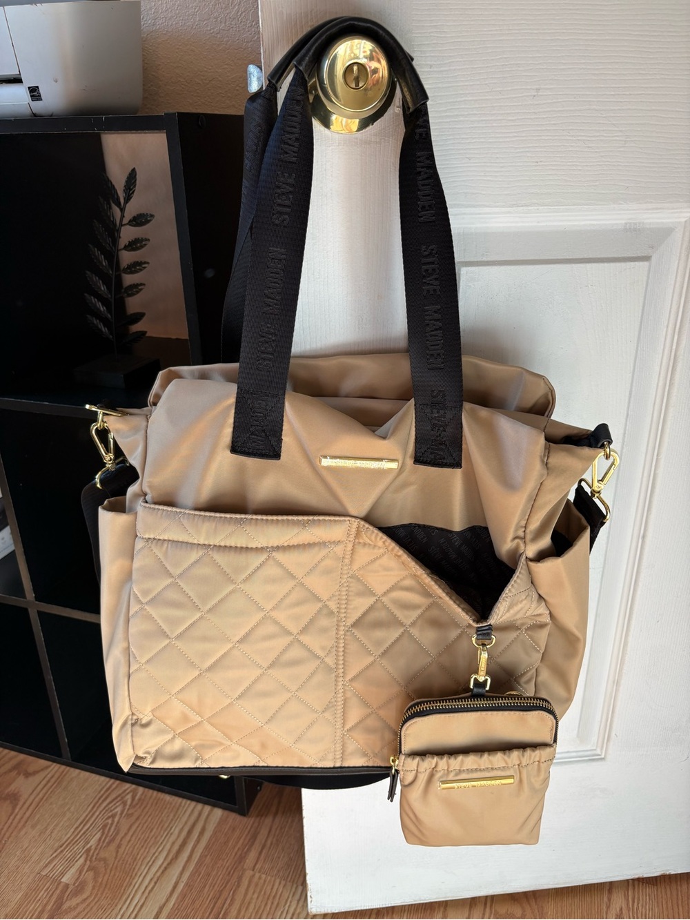 Steve Madden Quilted Beige Tote with Black Straps